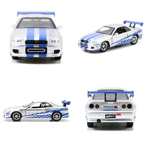 1:32 Scale Diecast - Fast & Furious - Brian's Nissan Skyline GT-R R34 Silver & Blue 2-Pack