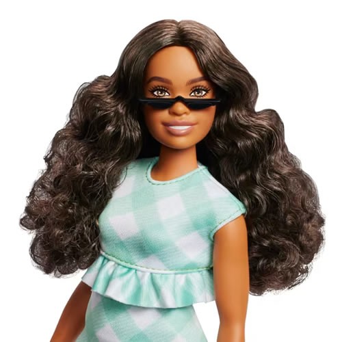 Barbie Fashionistas Dolls - #240 Barbie (Green Gingham Dress And Sunglasses / Wavy Dark Brown Hair)