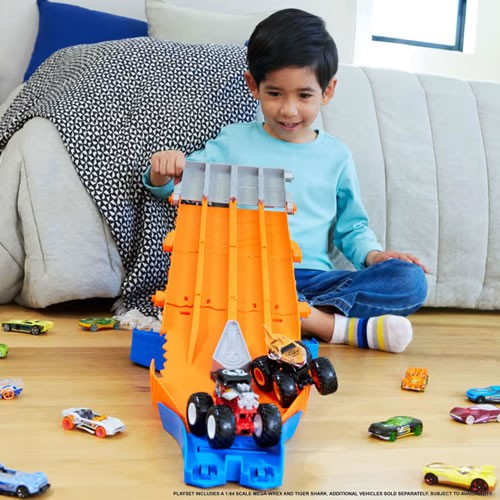 1:64 Scale Diecast - Hot Wheels Monster Trucks - Sharks Vs Dinos - Racedown Destruction Track Set