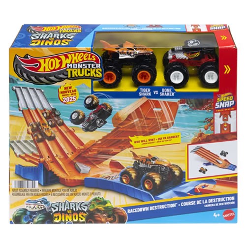 1:64 Scale Diecast - Hot Wheels Monster Trucks - Sharks Vs Dinos - Racedown Destruction Track Set